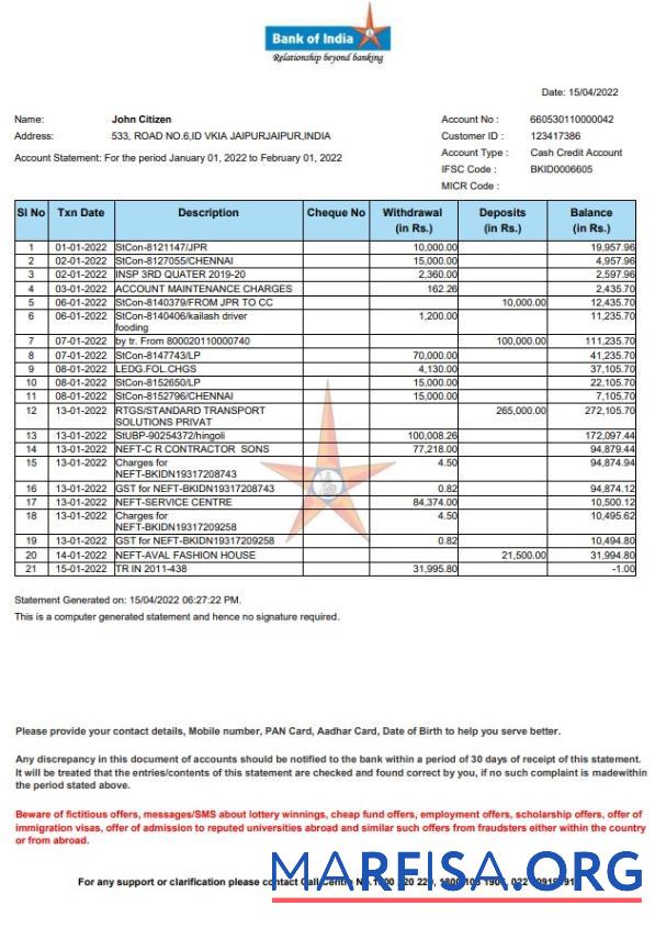 Blank India Bank of India bank statement word template
